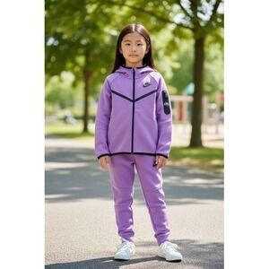 Nike Tech Fleece Kids Tracksuit Set Purple Hoodie and Joggers Full Zip (10Y)